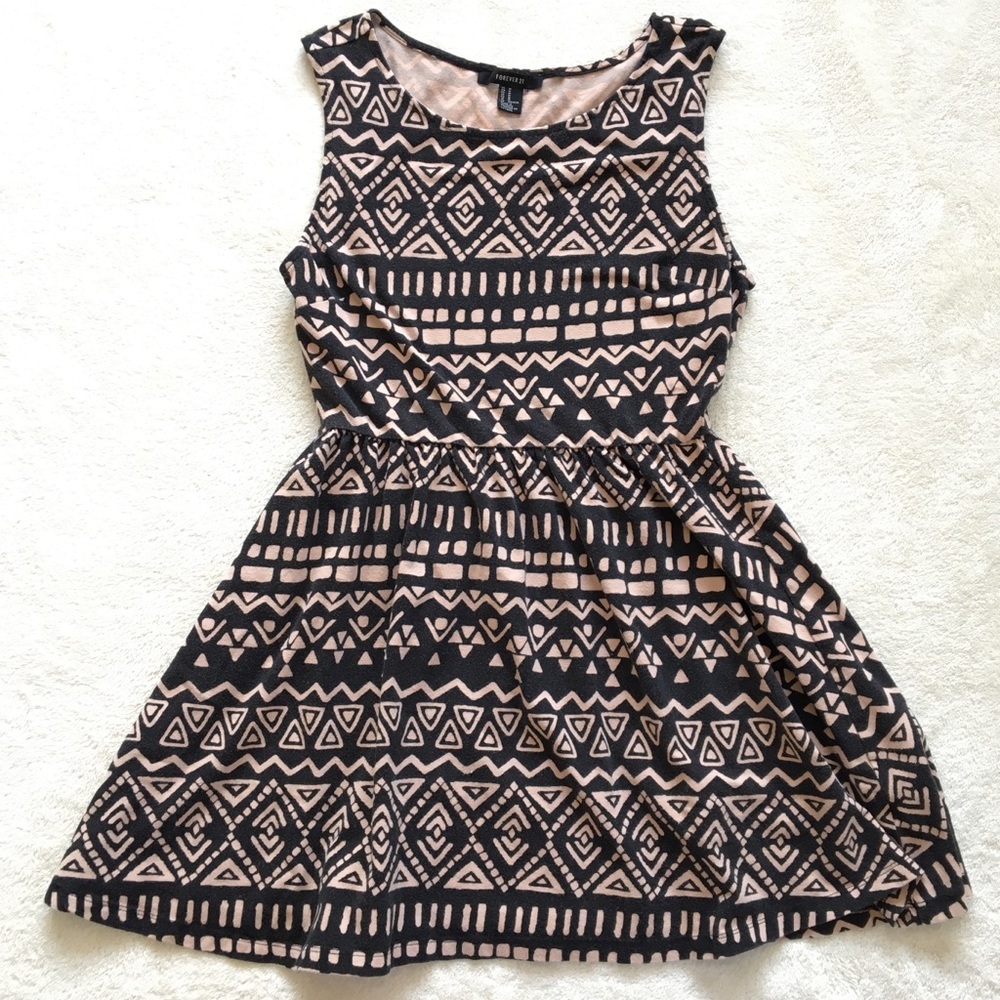 Forever 21 Skater Dress Black, Nude Tribal print